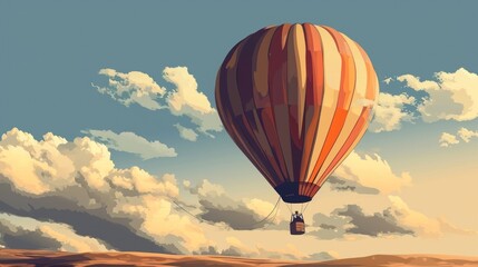 Obraz premium a painting of a hot air balloon flying in the sky with a person in the bottom of the balloon in the foreground, and a blue sky with white clouds in the background.