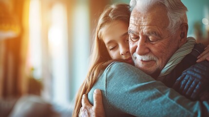 A tender moment as an elderly man hugs a young girl, likely his granddaughter, with a warm and affectionate embrace. - obrazy, fototapety, plakaty