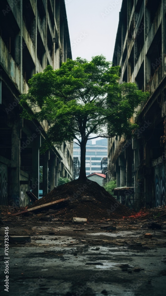 Poster a tree is growing in an abandoned building. generative ai.