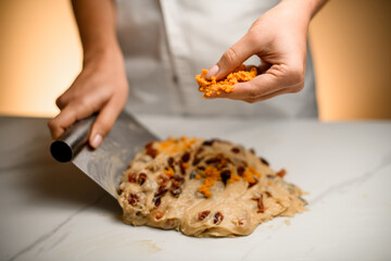 Pie dough with marzipan, almonds, candied fruits, nuts