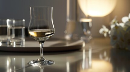  a glass of wine sitting on top of a table next to a vase filled with flowers and glasses of wine on top of a table next to a vase with flowers.