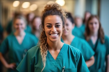Confident young female doctor or nurse in green scrubs - obrazy, fototapety, plakaty