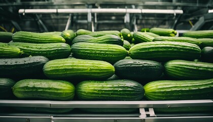Food industry scene of fresh cucumbers on conveyor belt, processing and packaging, quality control of selected vegetables at plant - obrazy, fototapety, plakaty