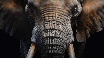  a close up of an elephant's face with tusks and tusks on its tusks and tusks, with a black background.