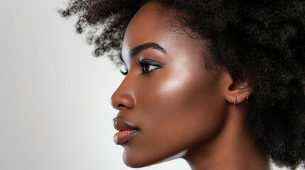 The image shows a side view of an African American woman with clear skin and prominent cheekbones. - obrazy, fototapety, plakaty