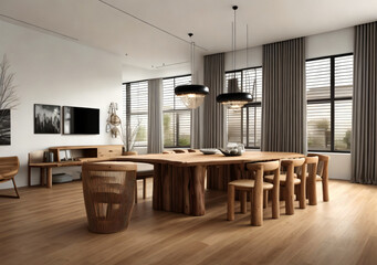 Interior design of modern dining room with cabinet wooden dining table and chairs. generative AI