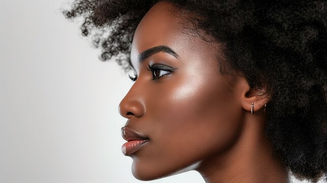 The image shows a side view of an African American woman with clear skin and prominent cheekbones.