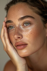 closeup of beauty natural scandinavian brunette woman with freckles natural skin for skincare mask salon commercial advertisement with studio light looking at camera in editorial magazine copy space