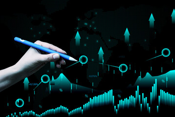 Virtual neon graph and female hand, profit analysis and sales growth dynamics, blue background