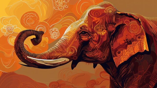  a painting of an elephant with an intricate design on it's face and tusks on it's tusks, in front of an orange and yellow background with swirls.