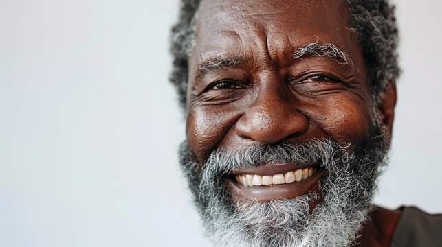The image portrays a close-up of a cheerful elderly African-American man with a gray beard.