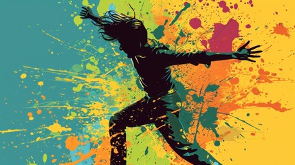  a person jumping in the air with paint splatters on the ground in front of a blue, yellow, pink, and green background with a splash of paint.