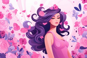 Obraz na płótnie Canvas girl with flowers, Elegant woman with purple hair and pink flowers illustration, Women´s day