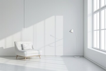 Fototapeta na wymiar background, Minimalist white room with simple furniture Elegance in simplicity, a modern white chair stands in a serene, bright room