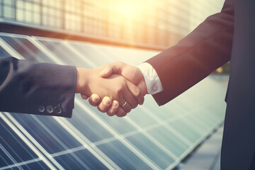 closeup businessmen handshake on solar panels background - obrazy, fototapety, plakaty
