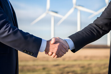 closeup businessmen handshake on wind turbines background