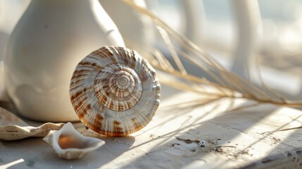 Obraz premium a sea shell sitting on top of a wooden table next to a white vase and a long stalk of dry grass in front of a white vase on a wooden table.
