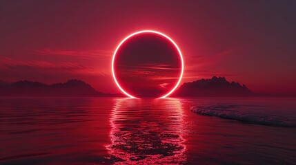 A glowing neon ring stands vertically in a tranquil body of water during a striking red sunset. - obrazy, fototapety, plakaty