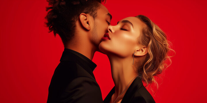 Attractive passionate couple against red background