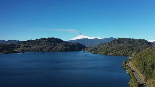 Aerial view of Villarica volcano and beginning of volcanic eruption in South of Chile