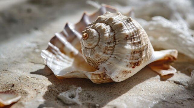  a close up of a seashell on a sandy beach with a blurry background of sand and seashells on the bottom of the image is a single shell.