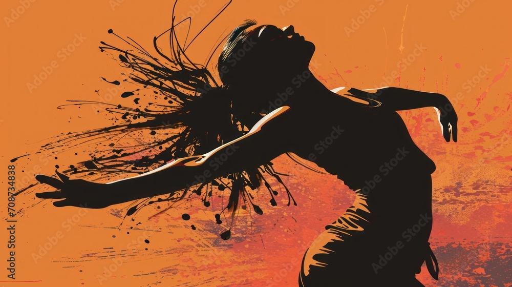 Poster  a silhouette of a woman with her hair blowing in the wind, in front of an orange background with splatters of paint and splats on it.