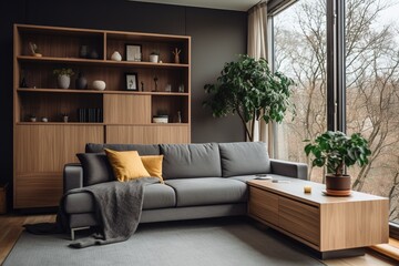 A stylish living room with a large window and a gray couch