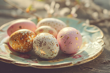 Obraz na płótnie Canvas Decorated pastel colored Easter eggs on vintage plate. Generative AI