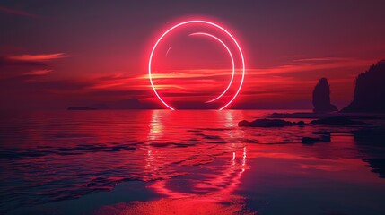 A striking neon circle illuminates a tranquil seascape at sunset with reflections on the water's surface. - obrazy, fototapety, plakaty