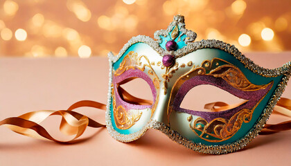 Carnival mask on peach background with space for text, bokeh lights in the background. Venetian Carnival mask on a neutral background.