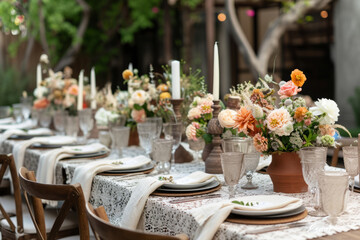 Fototapeta na wymiar Outdoor lunch table setting with flowers. Romantic table setting with tablecloth, plates, crystal goblets, beautiful bouquets. Generative AI