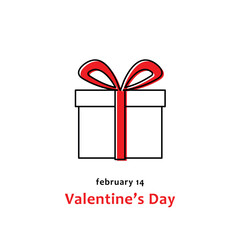 valentine's day, february 14, black line gift box with red ribbon, valentine week, vector illustration, editable stroke