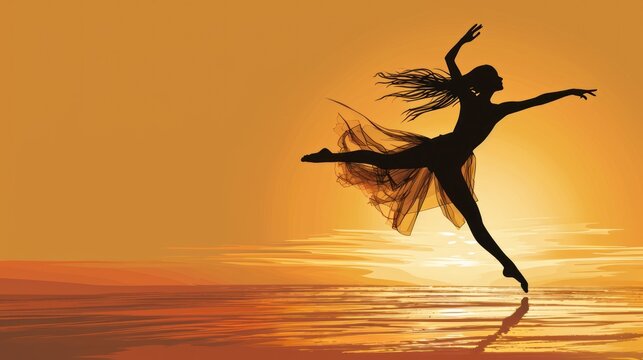  a silhouette of a ballerina dancing on the beach at sunset with the sun reflecting off the water and the silhouette of the ballerina dancer in the foreground.