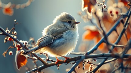 Fototapeta premium a small bird perched on top of a tree branch next to a leaf filled branch with red berries on it and a blurry background of orange and blue sky.