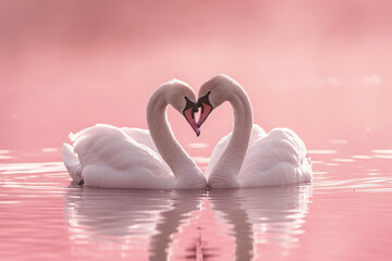 Beautiful white swans in heart shape on water on pink background. Generative AI