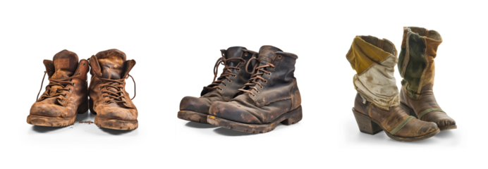 transparent png background cutouts of old rugged worker or homeless poor boots shoes collection Set covered with mud and dust in black and brown colors