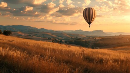 Obraz premium a hot air balloon flying in the sky above a field of tall grass and a hill in the distance with hills in the distance and clouds in the sky above.