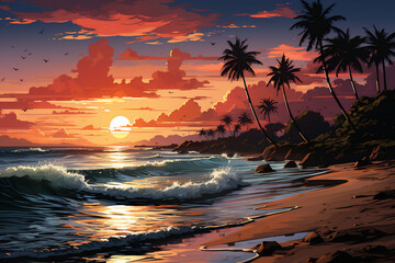 Illustration of Dramatic Tropical Evening: Waves Crashing on a Shoreline Under a Sunset Skies