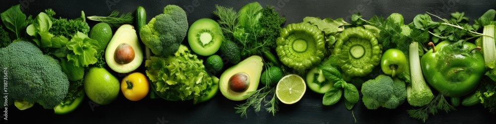 Poster a large group of green vegetables arranged in a row. generative ai.