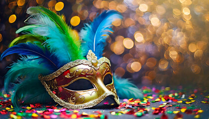 Carnival mask on colorful background with space for text, bokeh lights in the background. Venetian Carnival mask on a neutral background.