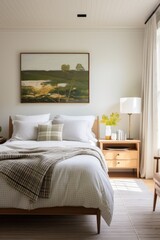 A bedroom with a bed, chair and painting. Generative AI.