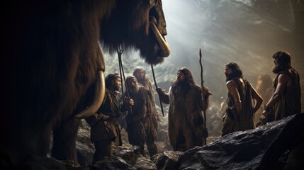The cavemen are standing in front of a mammoth. Generative AI.
