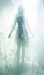 A woman standing in a shower with water coming out of the wall. Generative AI.