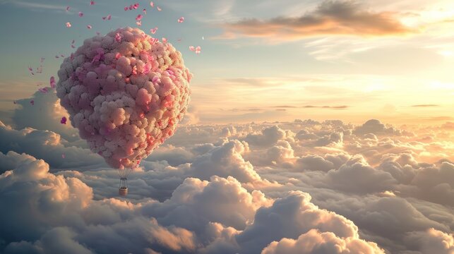  a heart shaped balloon floating in the sky above a cloud filled with pink and white balloons with pink and pink confetti in the shape of a heart, floating in the sky above the clouds.