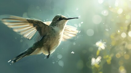  a hummingbird flying in the air with its wings spread out and its wings are spread wide to the side of the body of the hummingbird, and the body of the body of the bird is in the foreground.