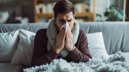 A man appears to be sick and is blowing his nose with a tissue while sitting on a couch with a blanket. - obrazy, fototapety, plakaty