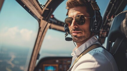 A confident pilot wearing sunglasses and headset sits inside the cockpit of an airplane, looking to the side. - obrazy, fototapety, plakaty