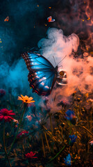 Glowing butterflies from paper on a dark background with warm smoke in some pretty colors