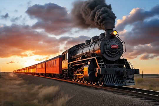 steam train at sunset in the countryside