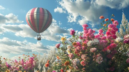 Fototapeta premium a hot air balloon flying over a lush green field filled with pink, red, and yellow flowers under a blue cloudy sky with fluffy white puffy